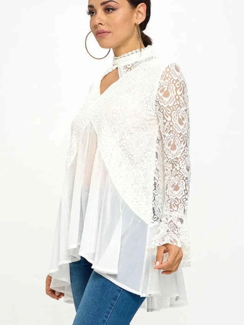 Oh Yes Flowy Lace Trim High Neck Keyhole Tunic Top Long Sleeve White New - Picture 5 of 14